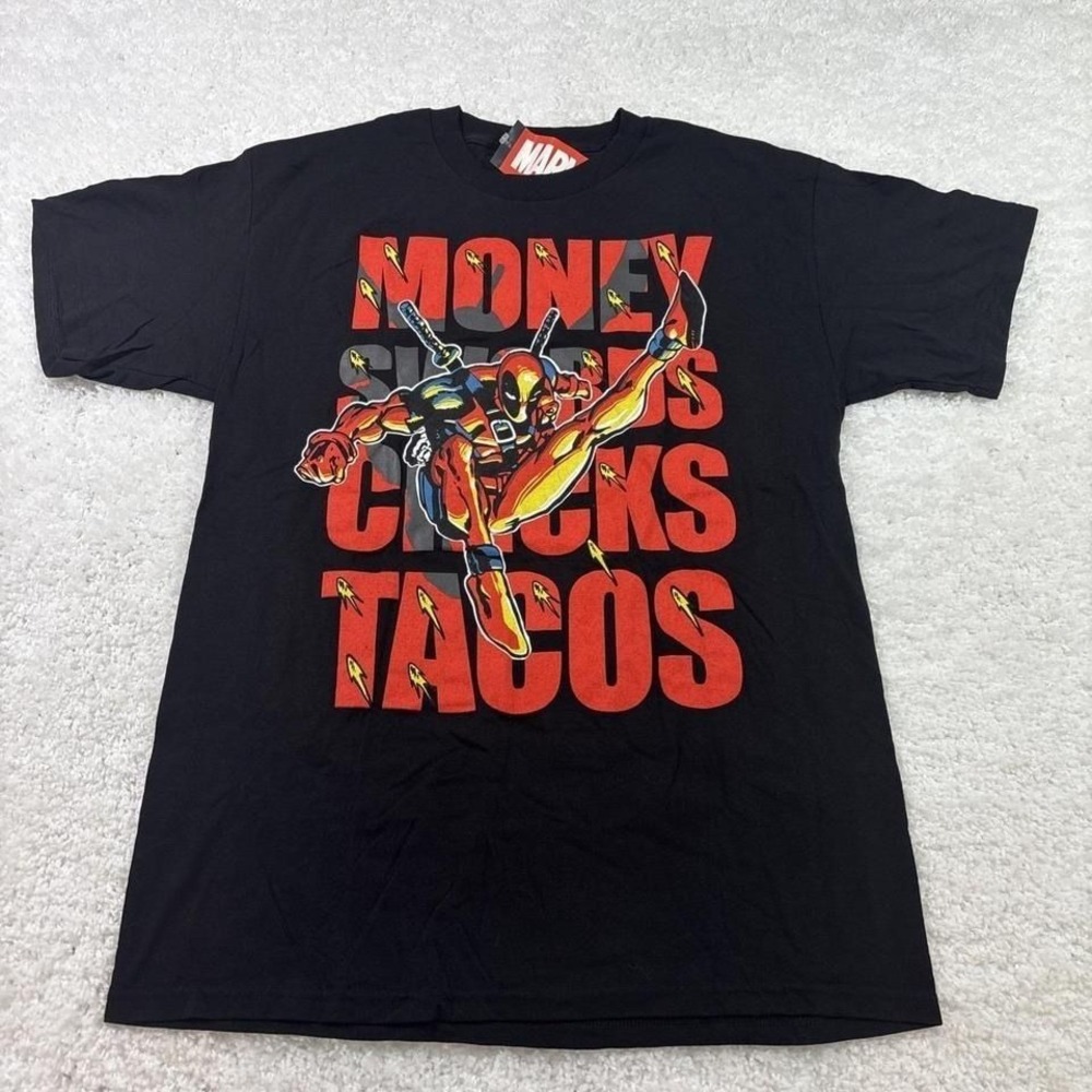 Marvel Deadpool Men's T Shirt Money Swords Chicks Tacos Black
